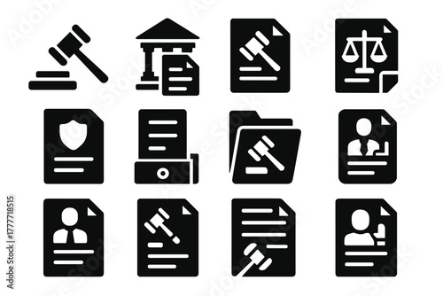 Law Icons Collection. Solid style icons of Law and justice contracts: judge hammer with document, courthouse with file, legal