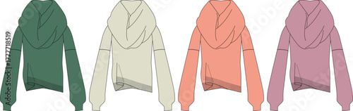 A collection of four hooded sweatshirts in different colors, displayed in a line, showcasing variety in casual wear options for personal style and comfort