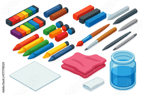 Colorful Art Supplies. Isometric vector illustration set Art supplies – watercolor crayons, oil pastels, wax crayons; blending