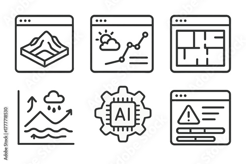 Simulation Software Icons. Line style icons of simulation and planning software: 3D terrain simulator, climate model dashboard,