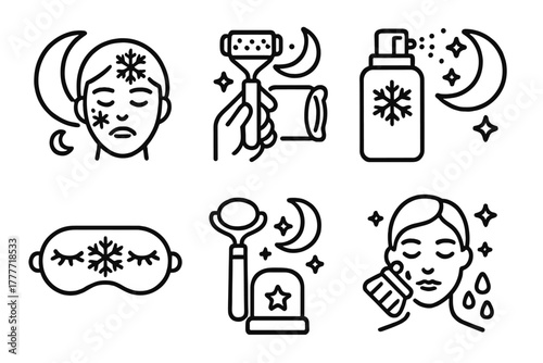 Nighttime Cryo Skincare Icons. Line style icons of nighttime cryo care: moon and frost face, cold roller before bed, nighttime