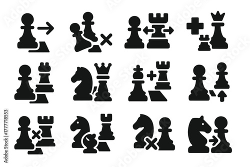 Chess Action Icons. Solid style icons of Chess actions: move, capture, castle, check, checkmate, promotion, en passant, pin, fork,