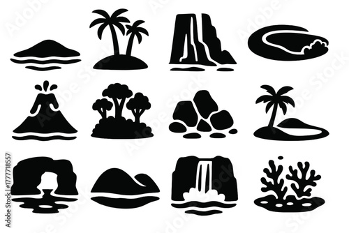 Island Landscape Icons. Solid style icons of Islands and landscapes: sandy island, palm trees, cliffs, lagoon, volcano, jungle,