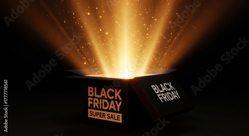 Black friday super sale concept with an open gift box emitting bright golden light and sparkles, representing amazing deals and surprise offers during the holiday shopping season