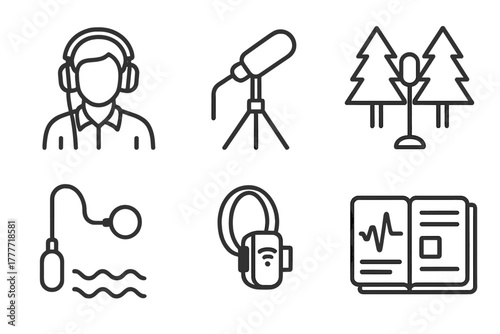 Bioacoustics Research Icons. Line style icons of bioacoustics field research: researcher with headphones, tripod mic setup, forest
