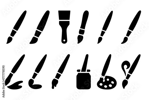Paintbrush Icon Set. Solid style icons of Paint brushes: simple paint brush, angled brush, flat brush, round brush, thick brush,