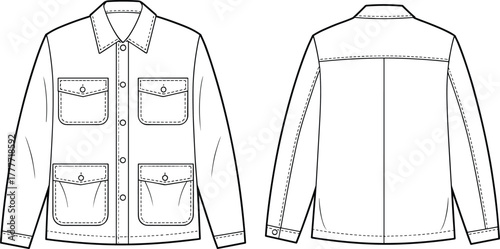 Flat technical drawing of long sleeve utility jacket with button closure, front and back view, fashion design sketch, vector illustration
