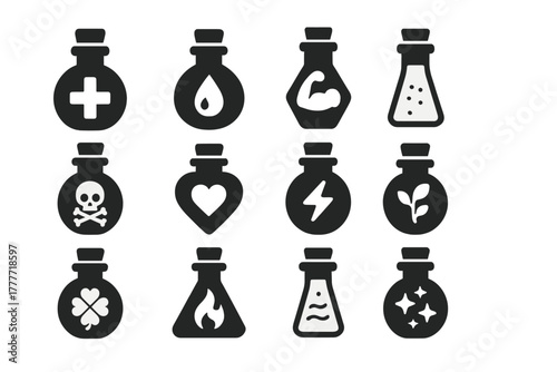 Potion Icons Collection. Solid style icons of Potion types: healing potion, mana potion, strength elixir, invisibility vial,