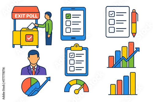Vibrant Voting Graphics. Isometric vector illustration set Voting and elections – exit poll kiosk, tablet survey, question list;