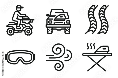 Extreme Ironing Adventure. Line style icons of Extreme Ironing: desert dune buggy ironing, iron-on-vehicle, sand tracks icon,