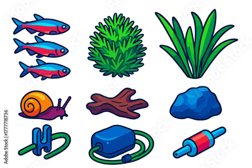Aquarium Life Icons. Isometric vector illustration set Aquarium life – neon tetra school, Java moss, ondinea grass; glass snail,