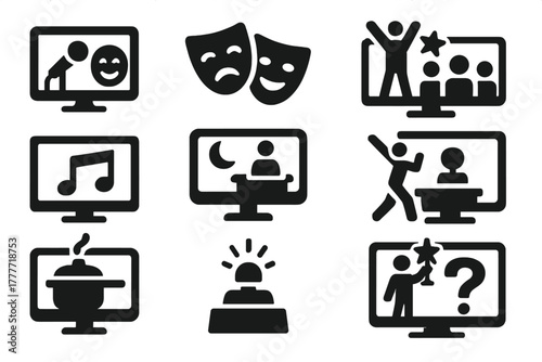 Entertainment Show Icons. Solid style icons of entertainment shows: comedy show, drama mask, talent contest, music concert on TV,