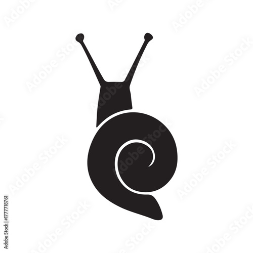 Minimalist black snail icon with spiral shell on white background