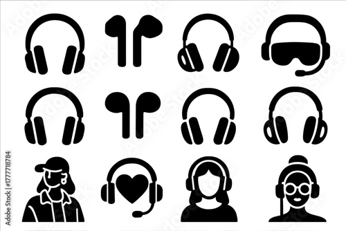 Trendy Headphones Icon Set. Solid style icons of fashion and lifestyle: stylish headphones, trendy earbuds, retro headphones,