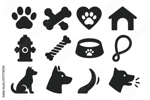 Dog Icon Set. Solid style icons of dog symbols: paw print, bone, heart with paw, kennel, fire hydrant, chew toy, food bowl, leash