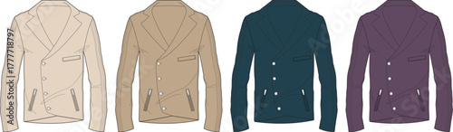 Set of men's double-breasted jackets in various colors, fashion design technical flat sketch template