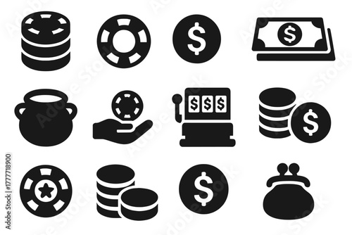 Poker Wealth Icons. Solid style icons of Poker chips and money: chip stack, chip, coin, cash, pot, bet, jackpot, winnings, token,
