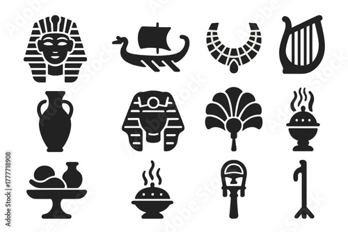 Egyptian Culture Icons. Solid style icons of Egyptian culture: festival mask, ceremonial boat, golden jewelry, musical instrument,