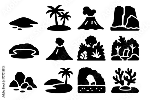 Island Landscape Icons. Solid style icons of Islands and landscapes: sandy island, palm trees, cliffs, lagoon, volcano, jungle,