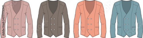 Collection of stylish double-breasted cardigans in various colors, presented as modern flat fashion sketches, perfect for design and apparel concepts