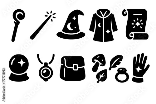Wizard Tools Icons. Solid style icons of Wizard tools: staff, wand, hat, robe, spell scroll, potion bottle, crystal orb, magical