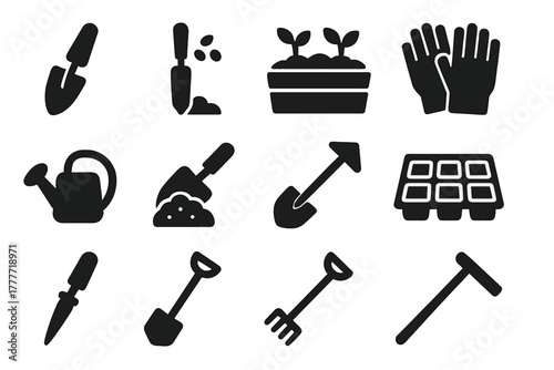 Planting Tools Icons. Solid style icons of Planting tools: trowel, hand shovel, seed drill, planter box, gardening gloves,