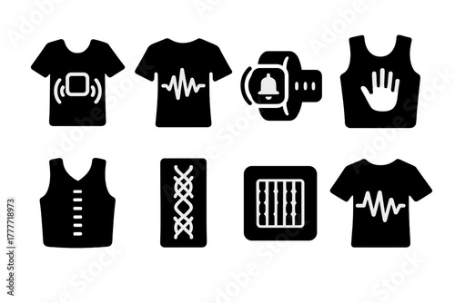 Haptic Feedback Clothing. Solid style icons of haptic feedback cloth: vibration node pattern, sound pulse feedback shirt, tactile