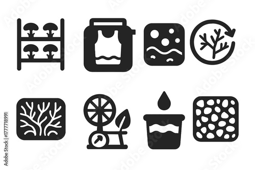 Fungal Fashion Icons. Solid style icons of fashion production from fungi: mycelium growing rack icon, garment vat badge, organic