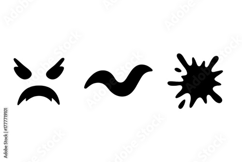 Expressive Brushstroke Icons. Solid style icons of expressive brushstroke dynamics: jagged line emotion icon, soft flow stroke,