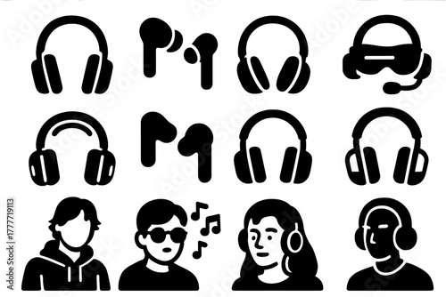 Trendy Headphones Icon Set. Solid style icons of fashion and lifestyle: stylish headphones, trendy earbuds, retro headphones,
