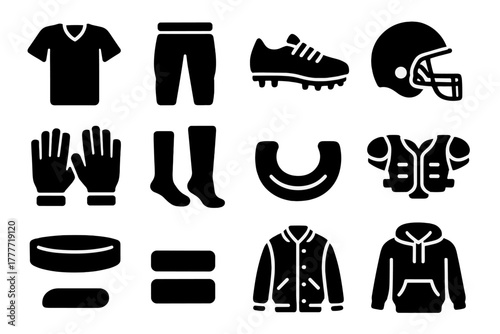 Football Gear Icons. Solid style icons of American Football apparel: jersey, pants, cleats, helmet, gloves, socks, mouthguard,