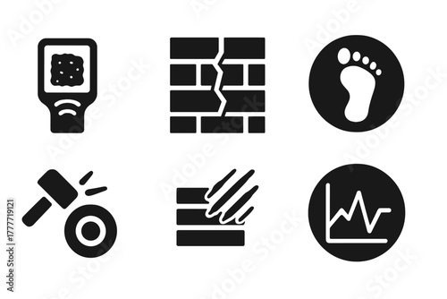Ruin Diagnostics Icons. Solid style icons of ruin damage diagnostics: erosion scan glyph, wall crack icon, human mark trace badge.