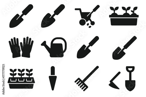 Planting Tools Icons. Solid style icons of Planting tools: trowel, hand shovel, seed drill, planter box, gardening gloves,