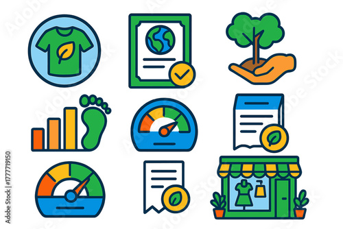 Sustainable Fashion Design. Isometric vector illustration set Sustainable fashion – climate-neutral fashion brand logo, carbon