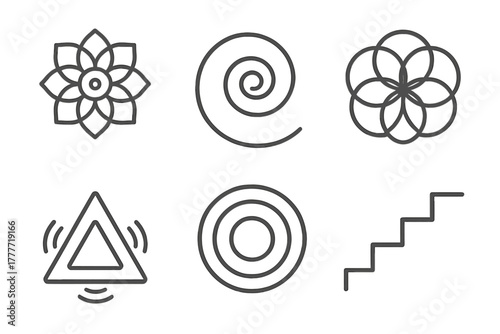 Line Style Icons. Line style icons of visual symbols during altered states: mandala spiral, fractal loop, sacred flower, pulsing