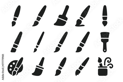 Paintbrush Icon Set. Solid style icons of Paint brushes: simple paint brush, angled brush, flat brush, round brush, thick brush,