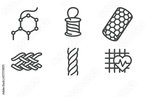 Smart Textile Icons. Line style icons of smart textile materials: graphene fiber icon, silver thread outline, carbon nanotube mesh