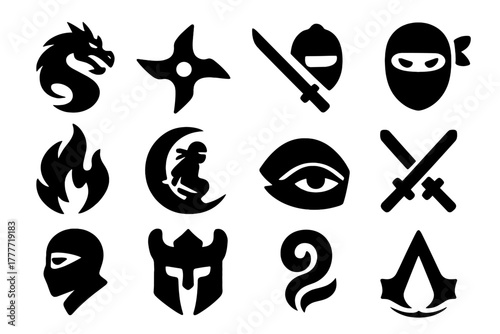 Ninja Symbols Collection. Solid style icons of symbols: dragon emblem, shuriken emblem, katana emblem, ninja mask emblem, shadow