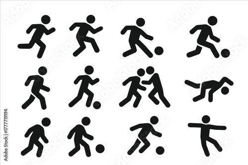 Dynamic Action Icons. Solid style icons of Action and movement: running, jumping, kicking, sliding, pivoting, sprinting, tackling,