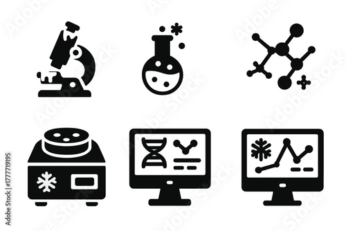 Cryo-Research Equipment Icons. Solid style icons of cryo-research equipment: microscope with frost, lab flask icon, chemical chart