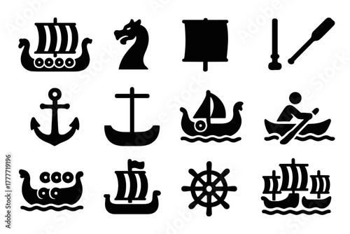 Viking Ship Icons. Solid style icons of Viking ships: longship, dragon prow, sail, oar, anchor, mast, Viking boat, rowing motion,