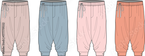Vector illustration set of children's jogger pants. A technical flat sketch collection for kids apparel design in a pastel color palette
