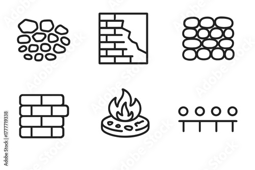 Ancient Structure Icons. Line style icons of ancient structures: exposed foundation stones, collapsed wall profile, cobblestone