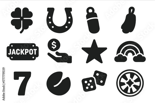 Luck Symbols Collection. Solid style icons of Luck and chance: four-leaf clover, horseshoe, lucky charm, rabbit foot, jackpot,