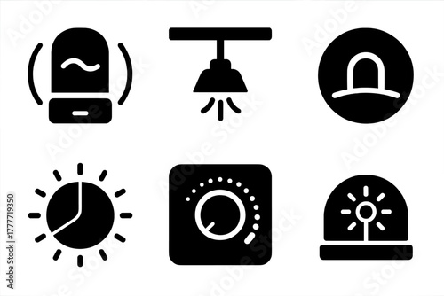 Lecture Lighting Icons. Solid style icons of lecture vibe lighting: ambient LED glyph, classroom lamp icon, atmosphere badge.
