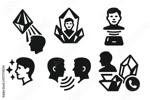 Holographic Communication Icons. Solid style icons of holographic communication: prism voice beams, crystal video nodes, optic