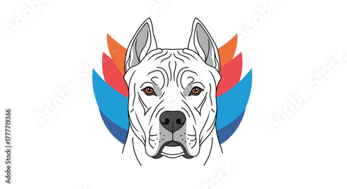 Frontal illustration of a powerful white dog breed, possibly a Dogo Argentino, with cropped ears and striking brown eyes, set against a vibrant abstract background.