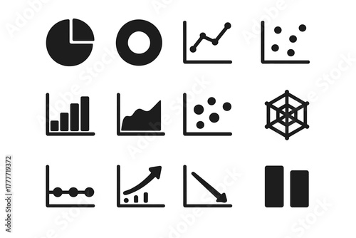 Solid Chart Icons. Solid style icons of charts: pie chart, donut chart, line chart, scatter plot, histogram, area chart, bubble