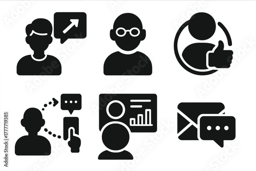 Social Media Mentor Icons. Solid style icons of social media mentor dynamics: trending youth glyph, older viewer icon, follower