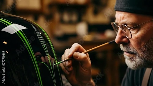 Focused senior artist carefully hand painting custom green pinstripes on motorcycle fuel tank